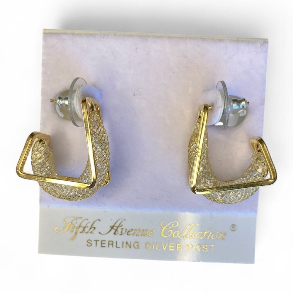 FAC Gold Tone Mesh & Swarovski Crystal Hoop Earrings